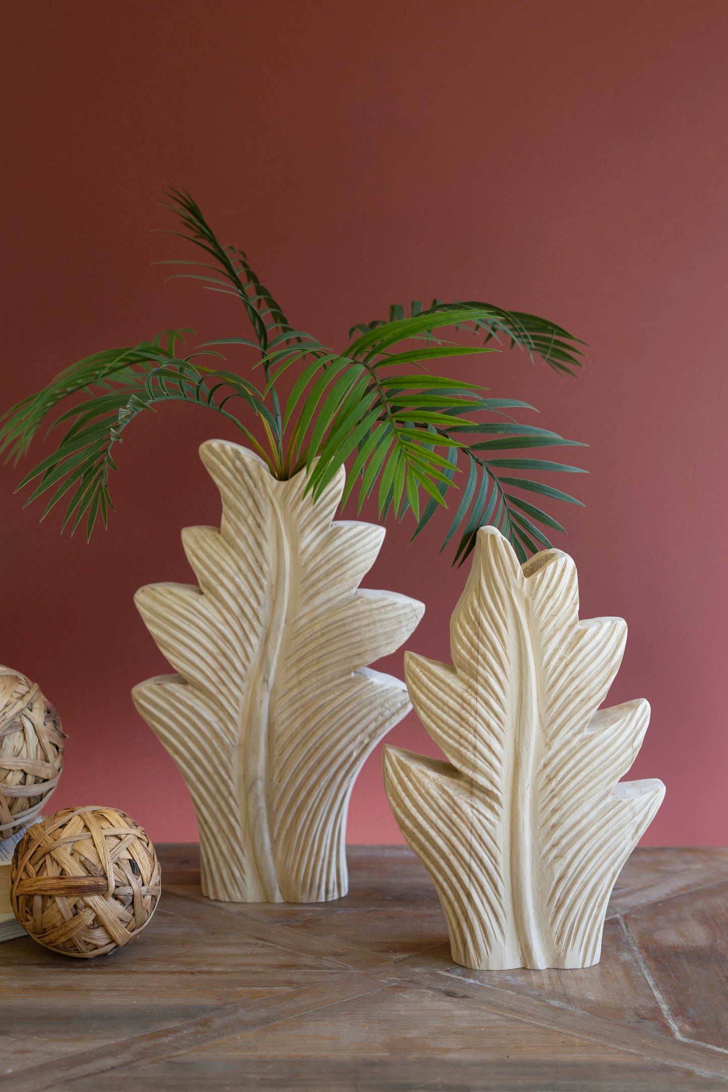 Set of 2 Carved Wood Leaf Vases