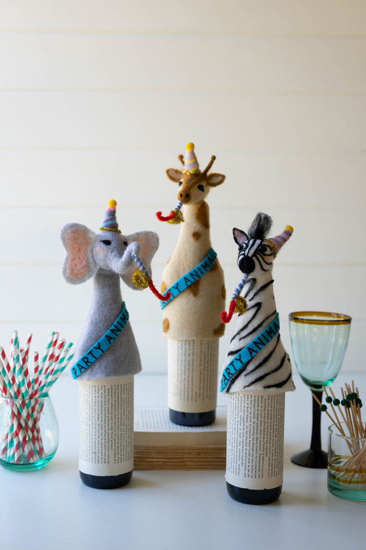 SET OF THREE FELT PARTY ANIMAL BOTTLE TOPPERS - ONE EACH DESIGN