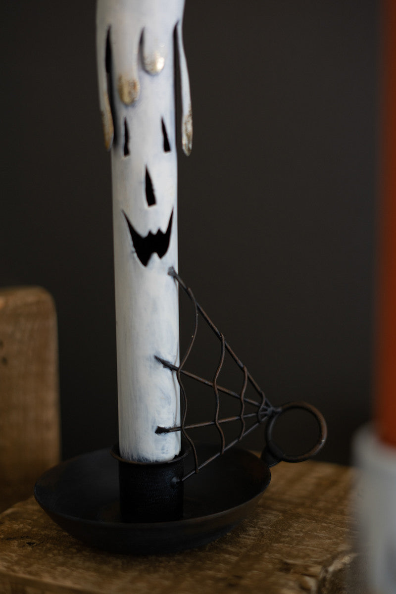 SET OF TWO PAINTED METAL GHOST TAPER CANDLE HOLDERS