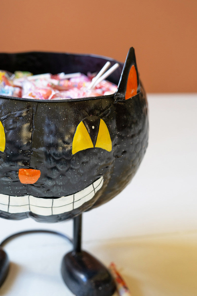 Painted Metal Halloween Bowl / Black Cat
