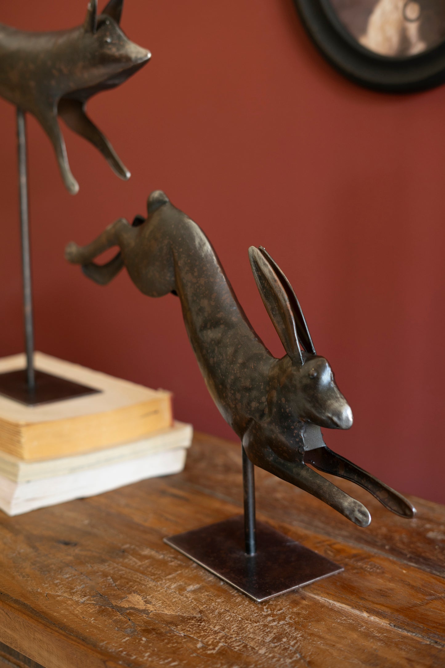 Set of 2 Metal Fox and Rabbit on Stands