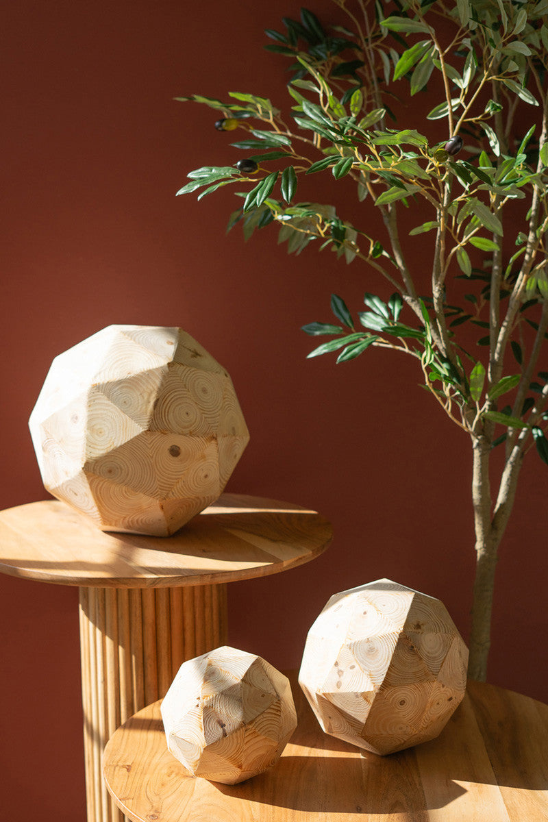 Set of 3 Cubist Pine Wood Spheres