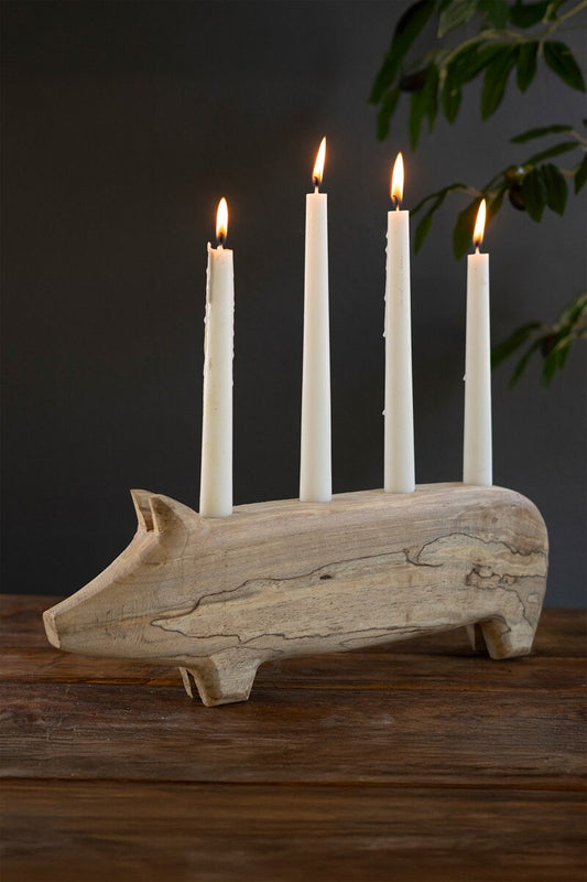 Hand-Carved Wooden Pig Candelabra