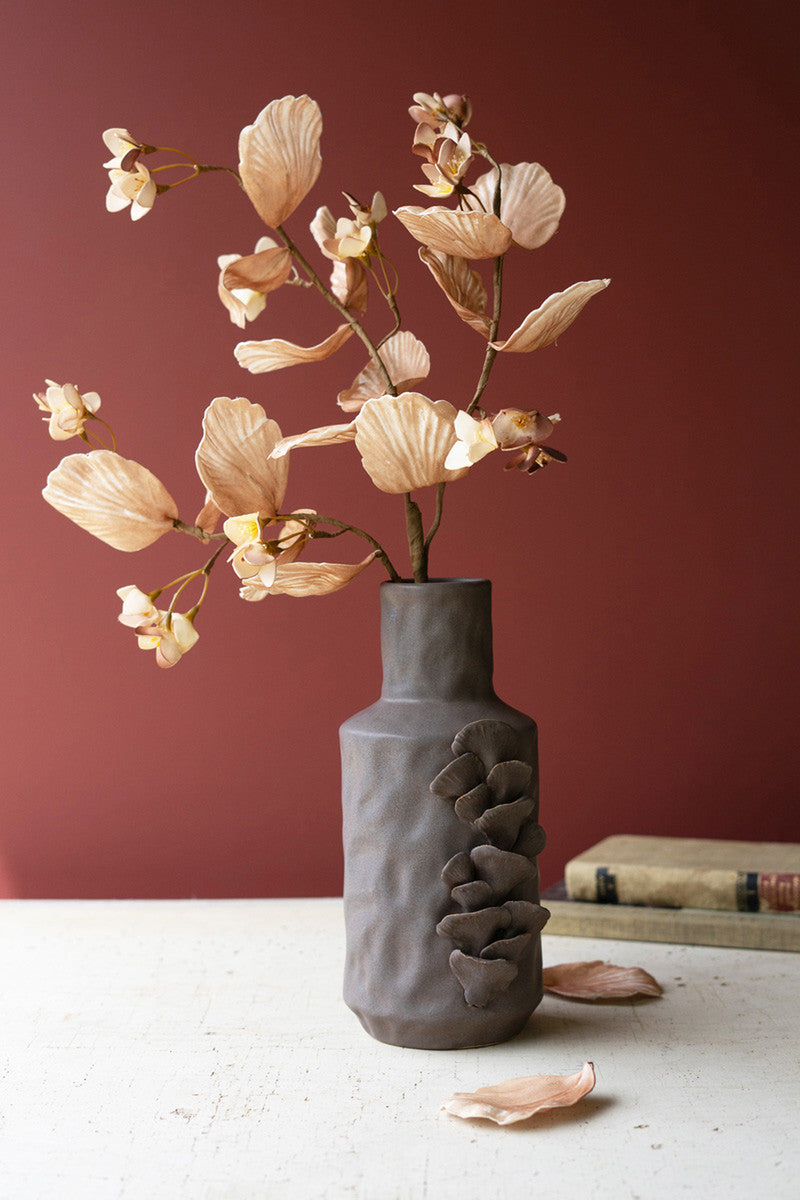 Brown Ceramic Vase with Mushroom Designs