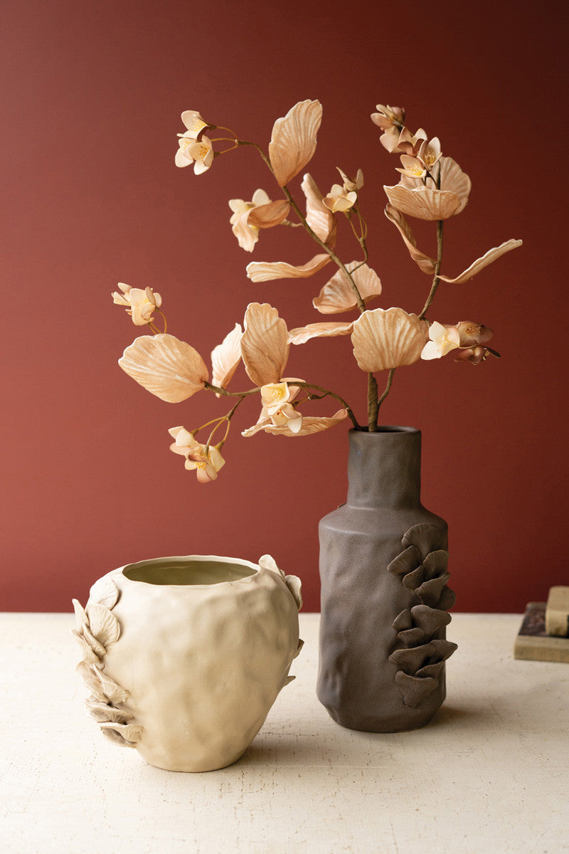 Brown Ceramic Vase with Mushroom Designs