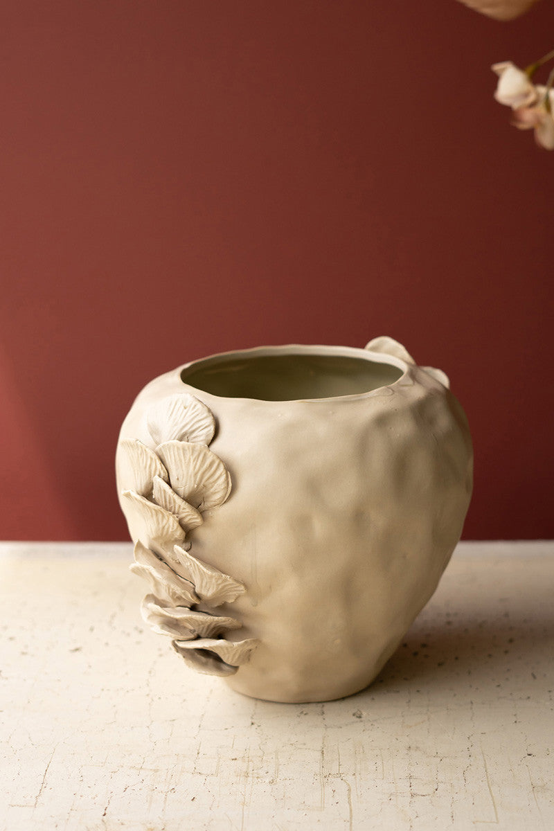 Cream Ceramic Vase with Mushroom Designs