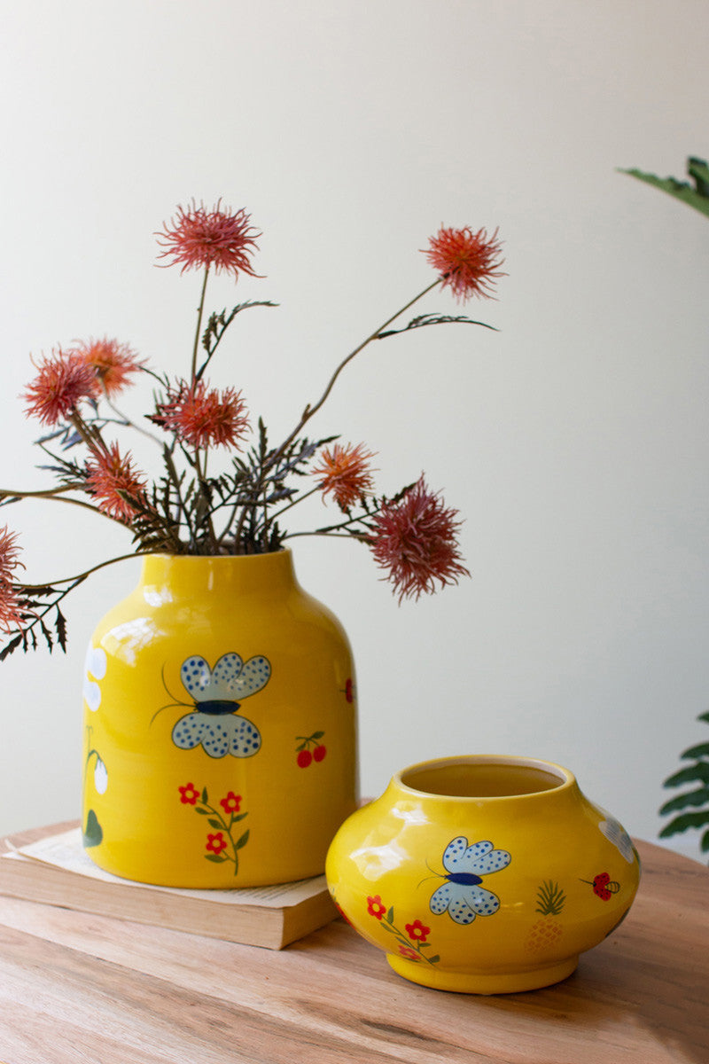 Set of 2 Yellow Ceramic Vases with Garden Illustrations