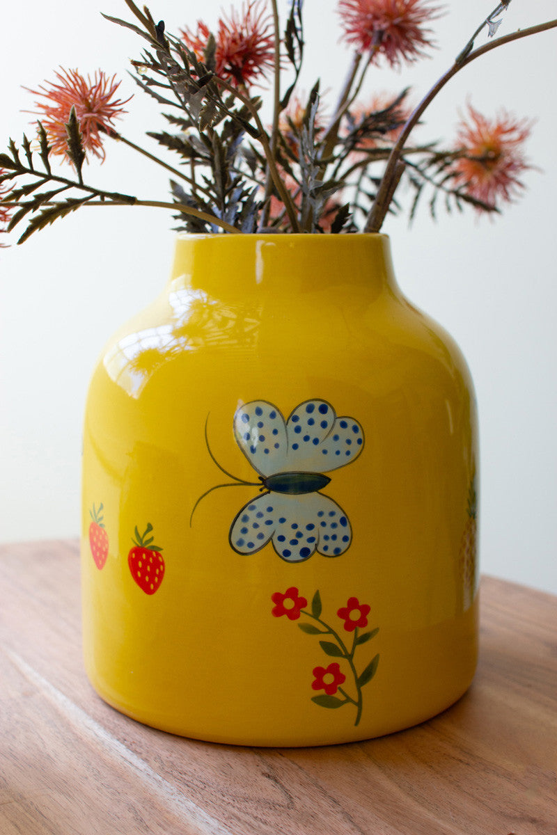 Set of 2 Yellow Ceramic Vases with Garden Illustrations