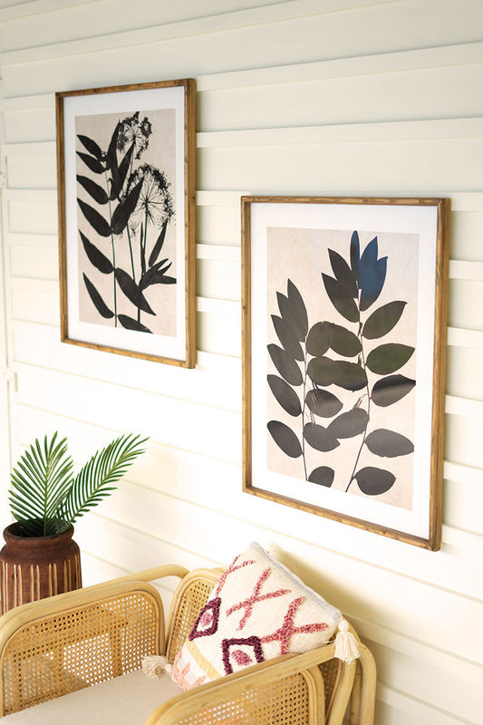 SET OF TWO LEAF PRINTS UNDER GLASS WITH NATURAL FRAME