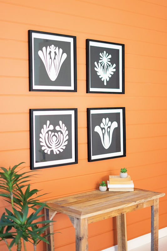 SET OF FOUR FRAMED BLACK & WHITE GRAPHIC PRINTS UNDER GLASS