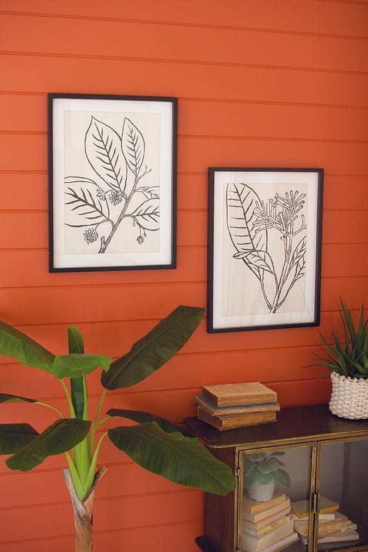 SET OF TWO LEAF PRINTS UNDER GLASS WITH BLACK FRAME