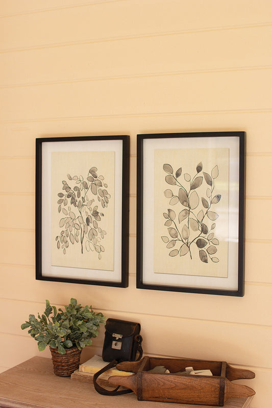 SET OF TWO LEAF PRINTS UNDER GLASS WITH BLACK FRAME