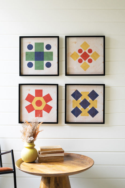 SET OF FOUR COLORFUL FRAMED GEOMETRIC PRINTS UNDER GLASS