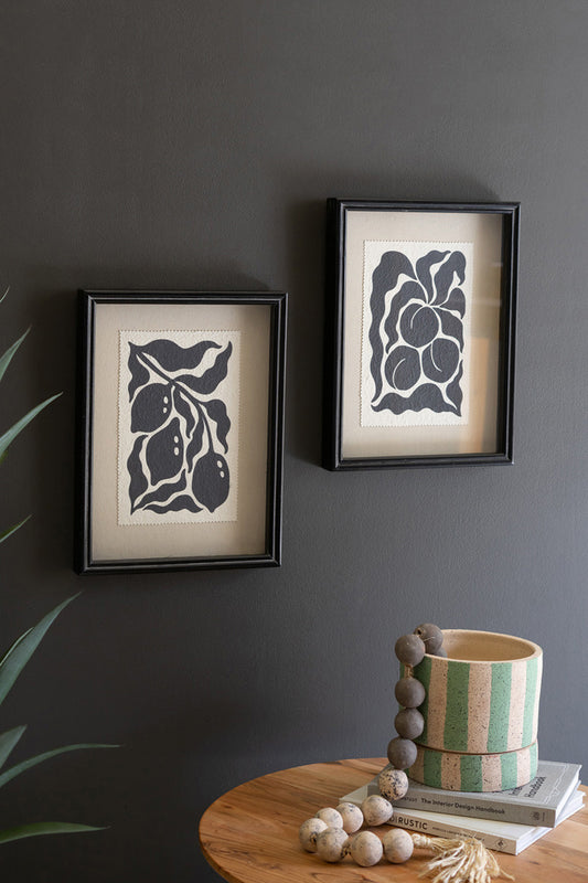 Set of 2 Black and White Fruit Prints under Glass