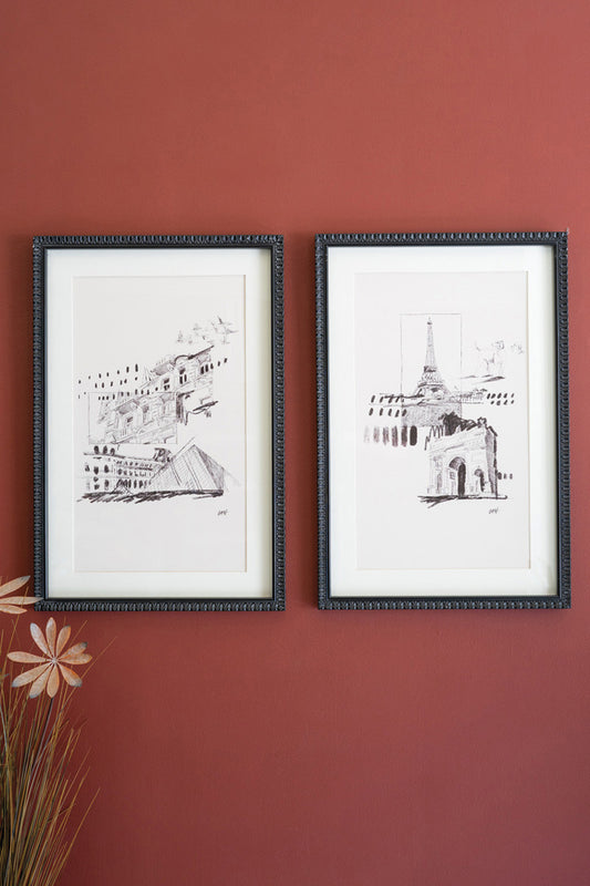 Set of 2 Paris Sketch Book Prints under Glass