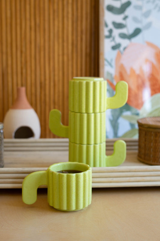 SET OF FOUR STACKING CERAMIC MUGS - CACTI MUGS