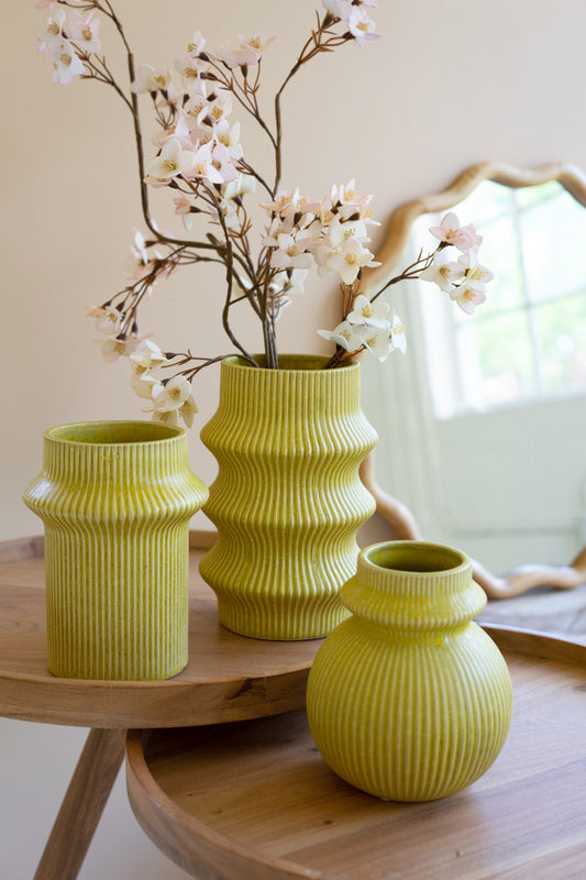 SET OF THREE CHARTREUSE CERAMIC VASES - ONE EACH DESIGN