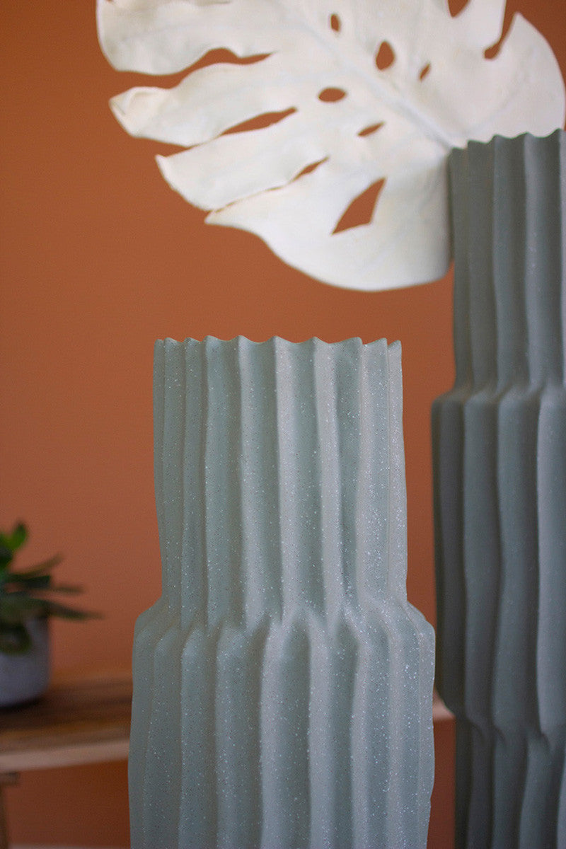 Ribbed Green Ceramic Vase / Large