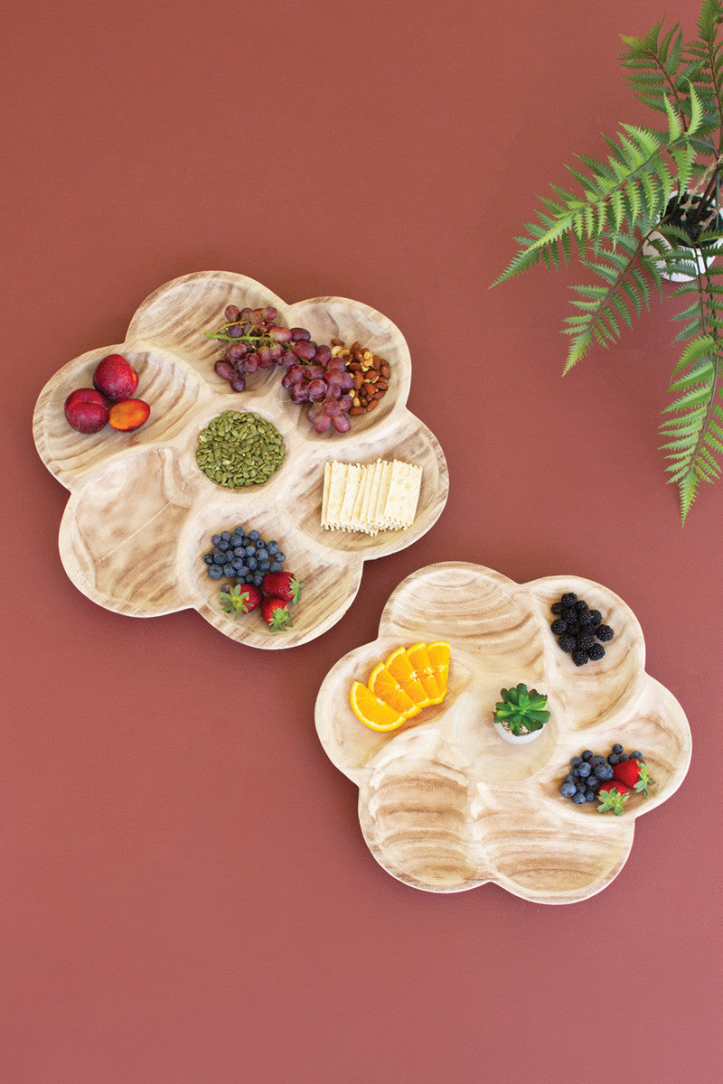 Set of 2 Carved Wood Flower Petal Platters
