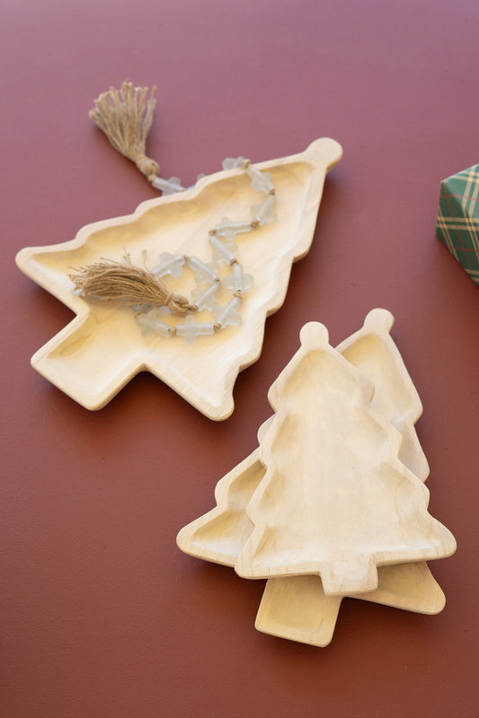 Set of 3 Carved Wood Christmas Tree Platters