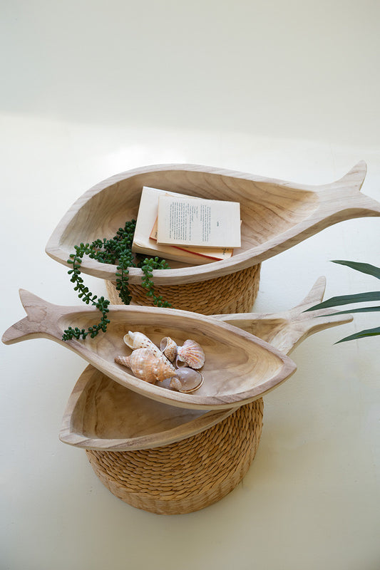 Set of 3 Carved Wood Fish Bowls