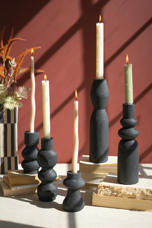 Set of 5 Carved Black Wooden Taper Candle Holders