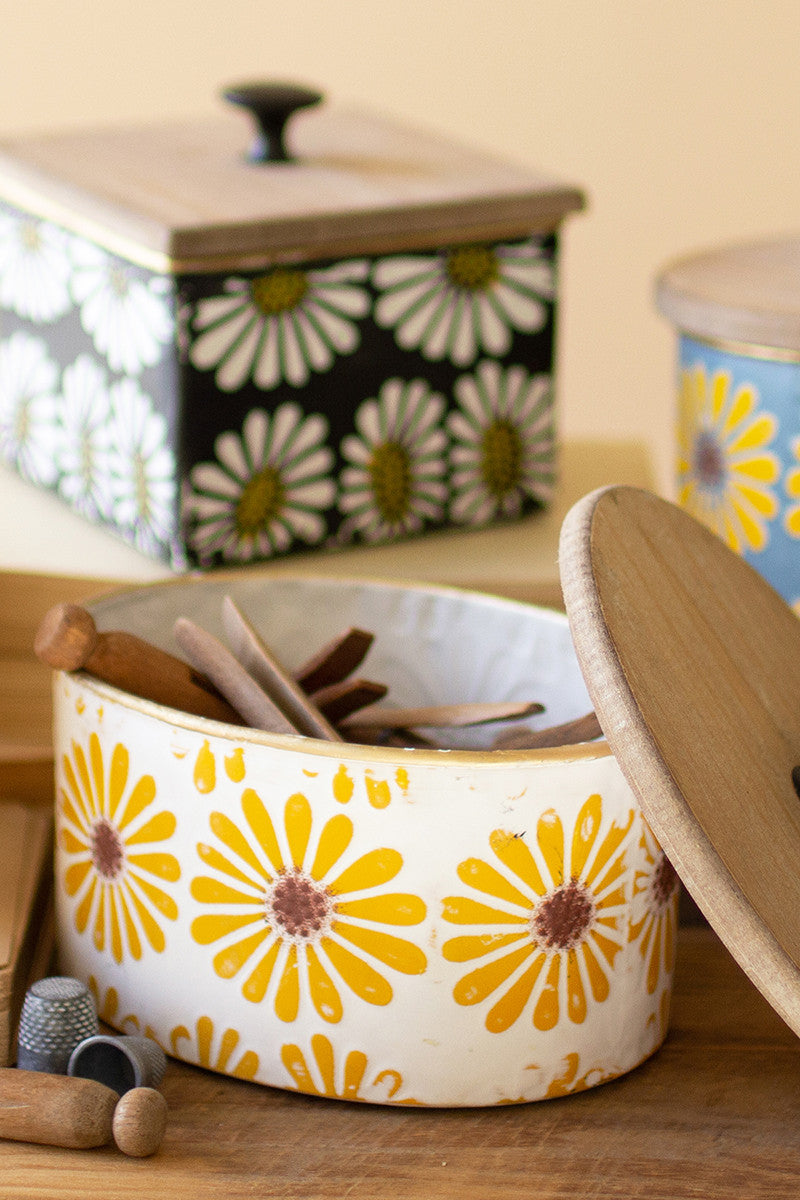 SET OF FOUR METAL CANISTERS WITH WOODEN LIDS