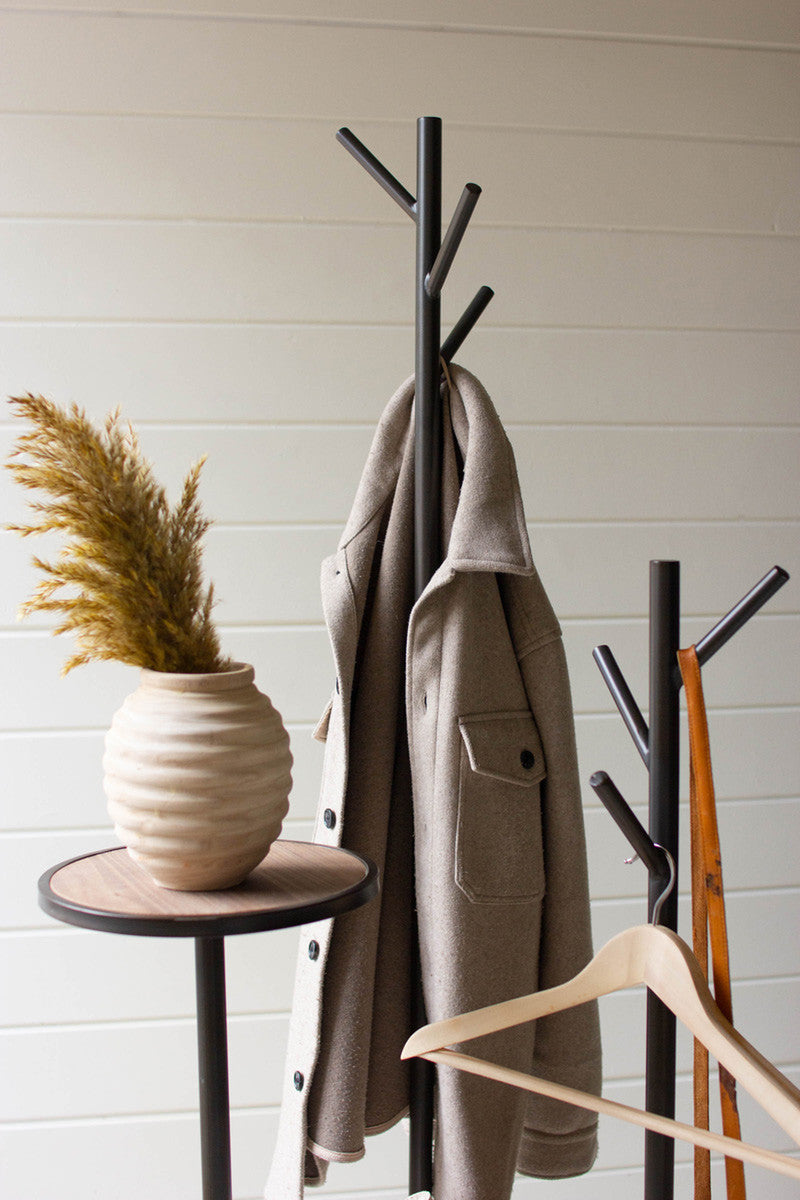 METAL AND WOOD COAT RACK WITH ROUND SHELVES