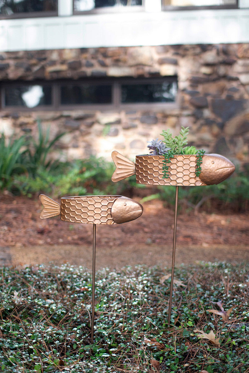 Set of 2 Metal Fish Planter Yard Stakes with Copper Finish