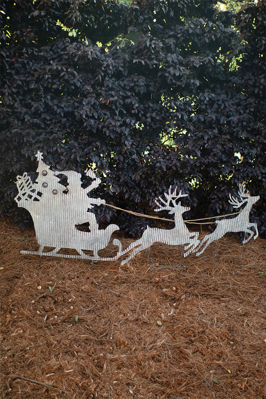 Corrugated Metal Santa Sleigh and Two Reindeer Yard Art