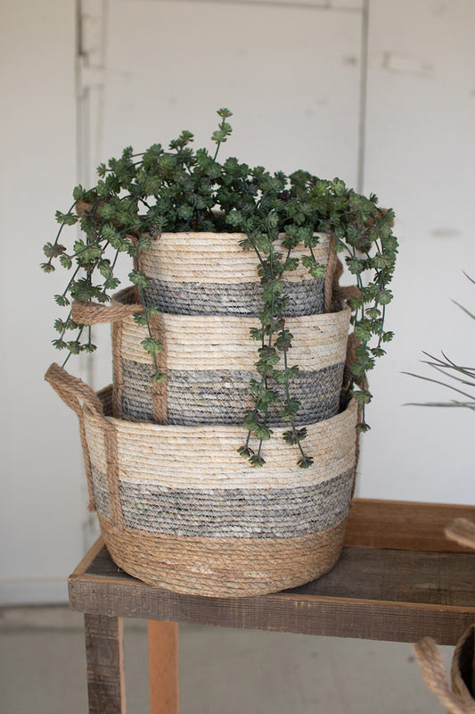 SET OF THREE GREY STRIPE ROUND RUSH BASKETS