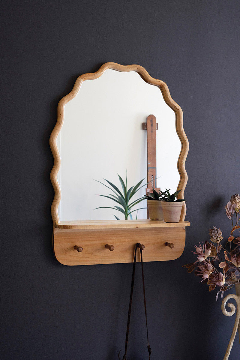 Arched Squiggle Wood Framed Mirror with Shelf and Coat Hooks