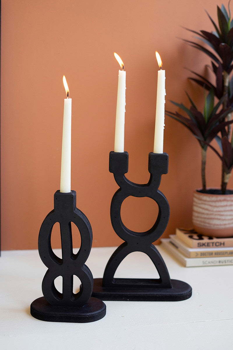 Set of 2 Black Wooden Taper Candle Holders