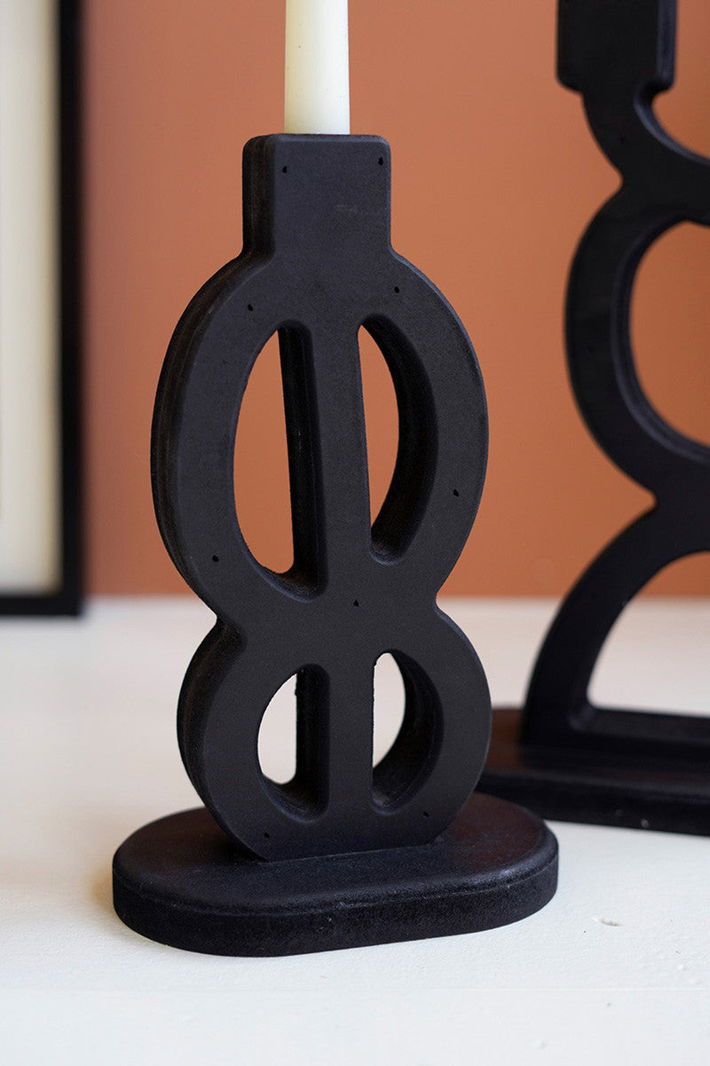 Set of 2 Black Wooden Taper Candle Holders