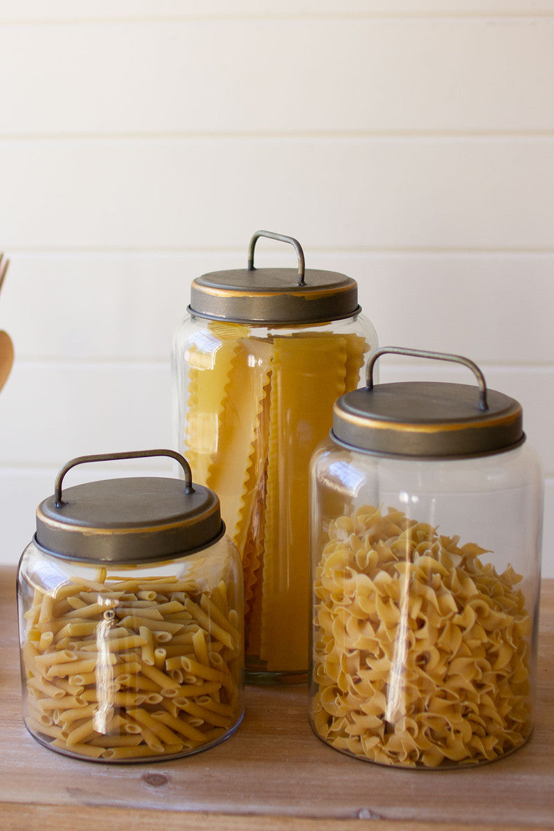 SET OF THREE GLASS JARS WITH METAL LIDS