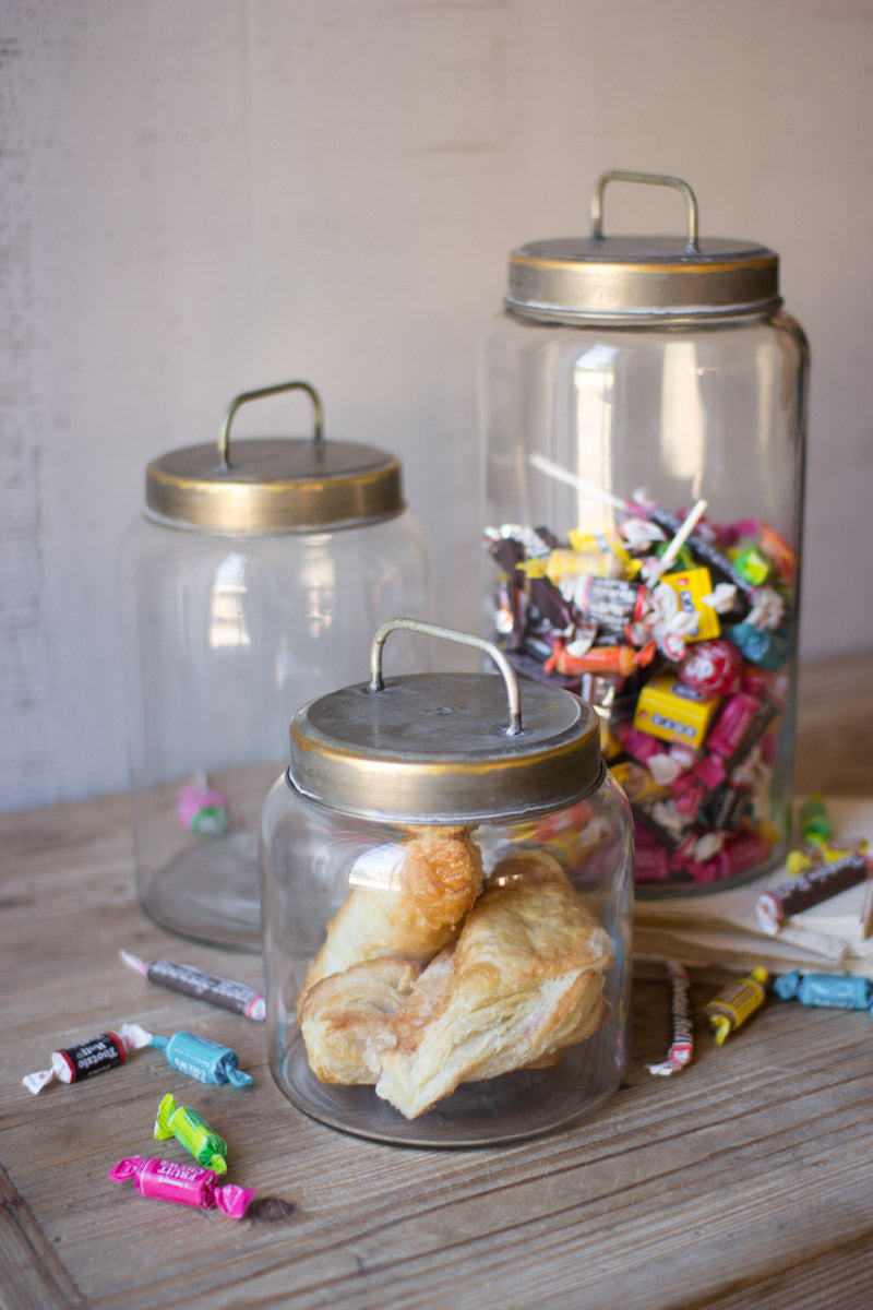 SET OF THREE GLASS JARS WITH METAL LIDS