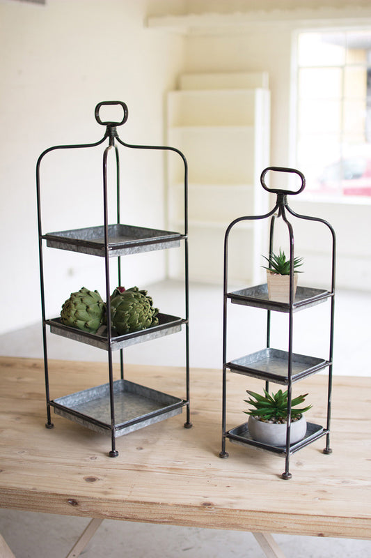 SET OF TWO TALL METAL DISPLAY STANDS W GALVANIZED TRAYS
