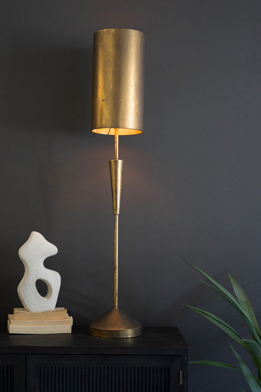 ANTIQUE GOLD TABLE LAMP WITH METAL BARREL SHADE