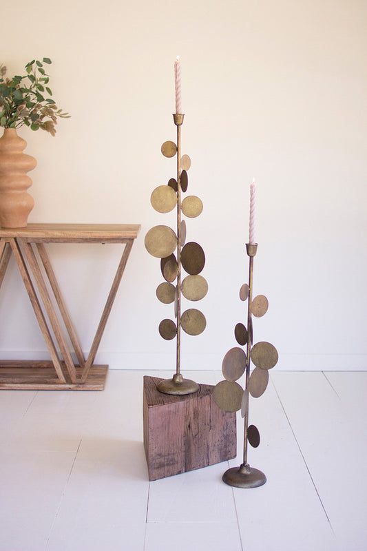 Set of 2 Antique Brass Candle Holders with Round Discs