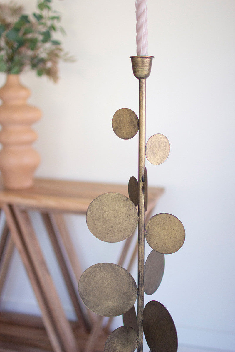 Set of 2 Antique Brass Candle Holders with Round Discs