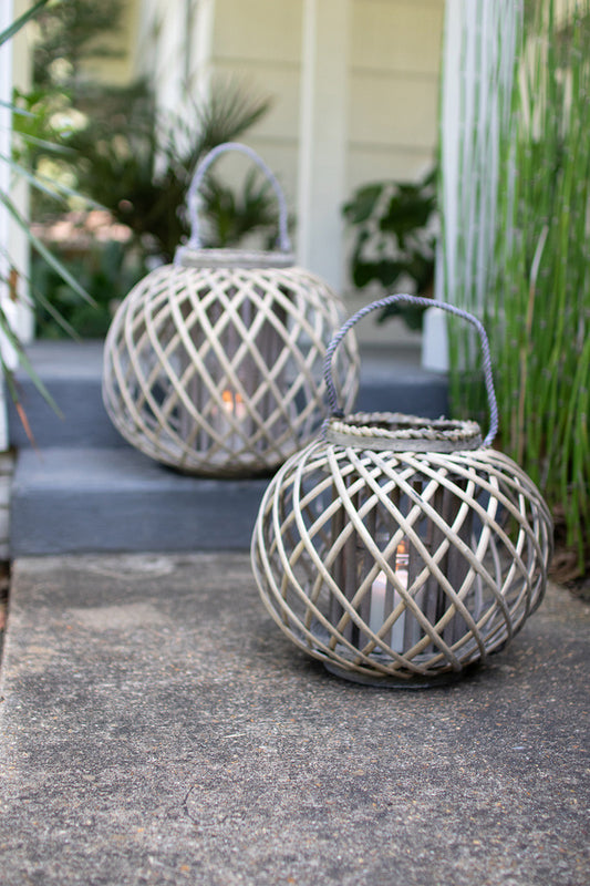 LOW ROUND GREY WILLOW LANTERN WITH GLASS (2 Size Options)