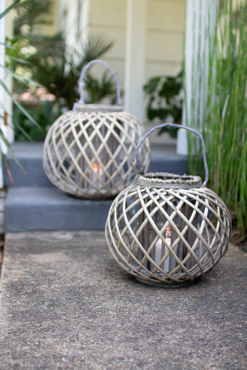 LOW ROUND GREY WILLOW LANTERN WITH GLASS (2 Size Options)