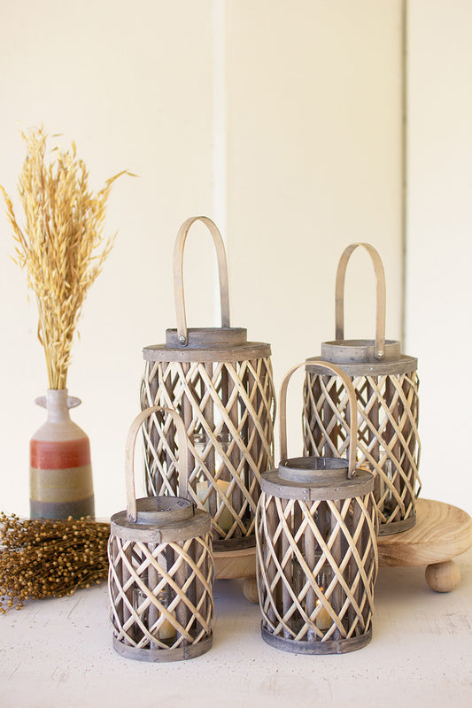SET OF FOUR GREY WILLOW CYLINDER LANTERNS W GLASS INSERTS