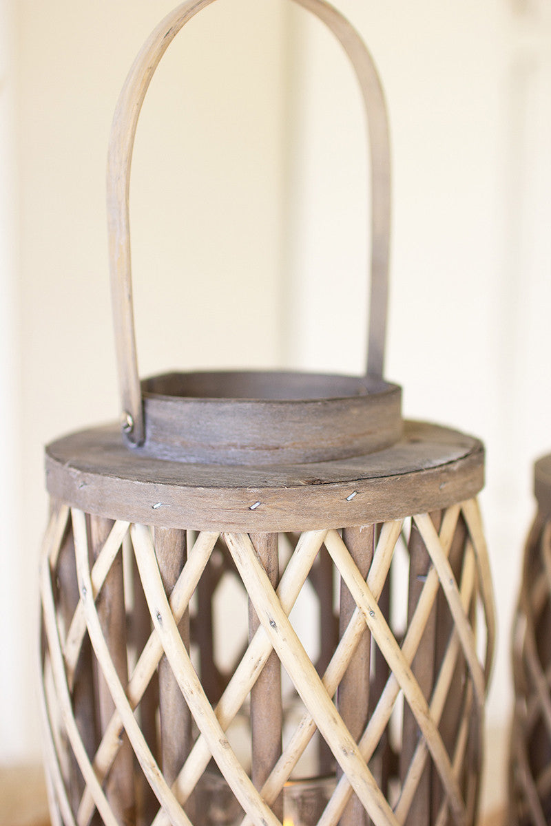 SET OF FOUR GREY WILLOW CYLINDER LANTERNS W GLASS INSERTS