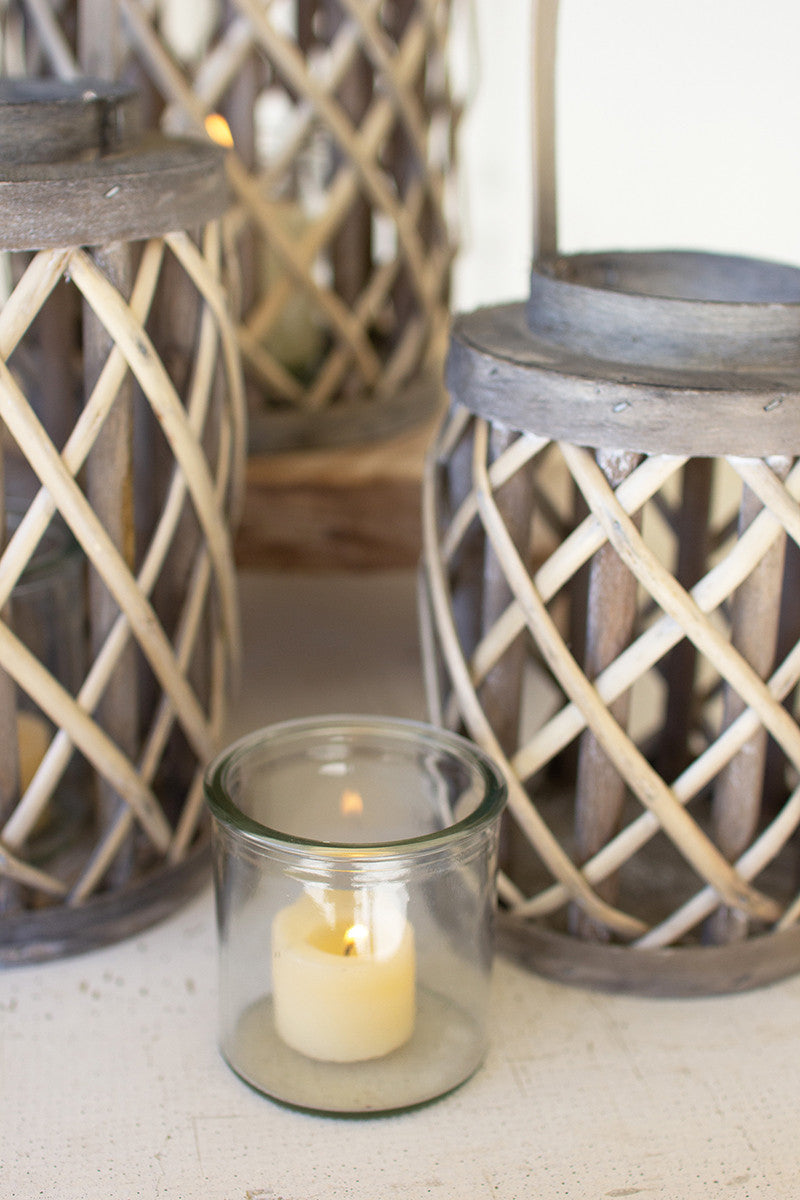 SET OF FOUR GREY WILLOW CYLINDER LANTERNS W GLASS INSERTS