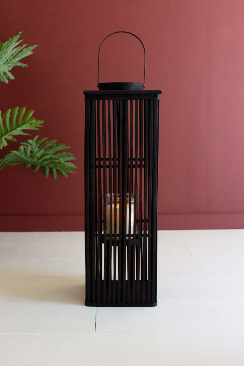 Tall Brown Rectangle Bamboo Lantern with Glass Insert- Three Size Options