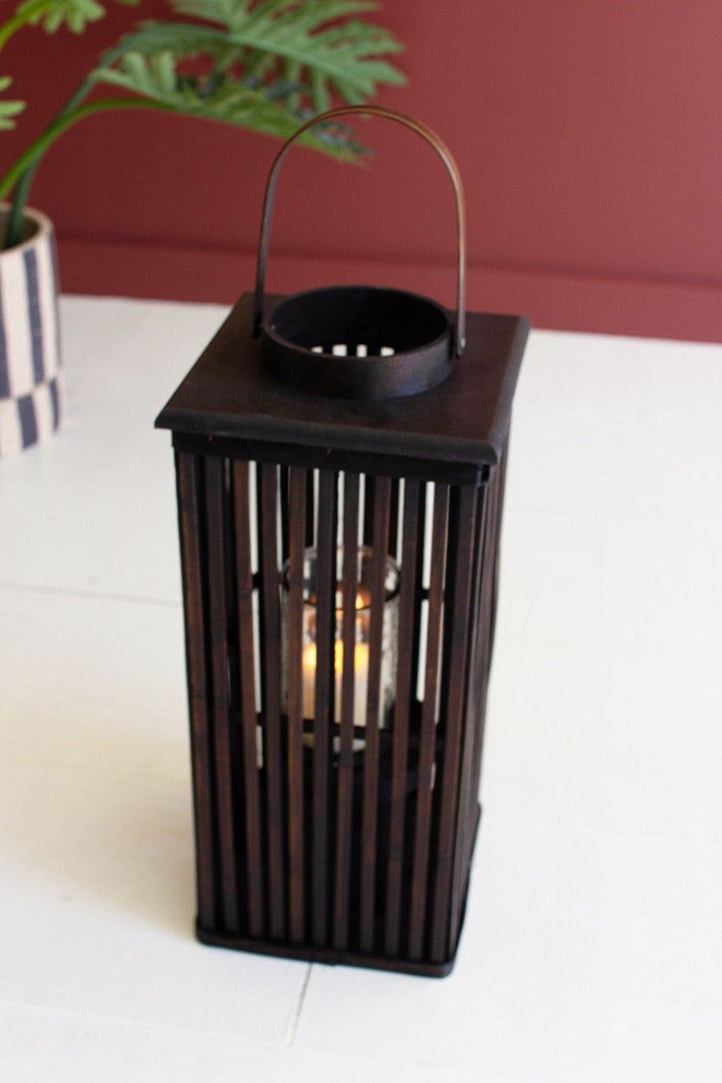 Tall Brown Rectangle Bamboo Lantern with Glass Insert- Three Size Options