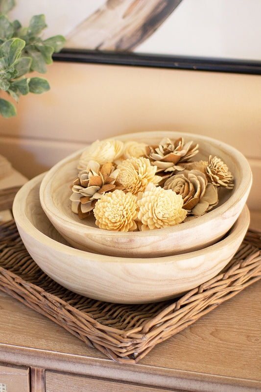 SET OF TWO HAND CARVED ROUND WOODEN BOWLS