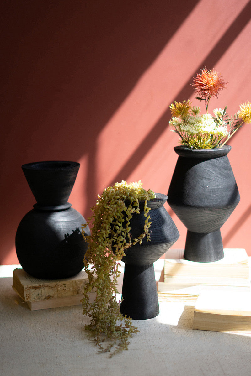 Set of 3 Black Wooden Vases