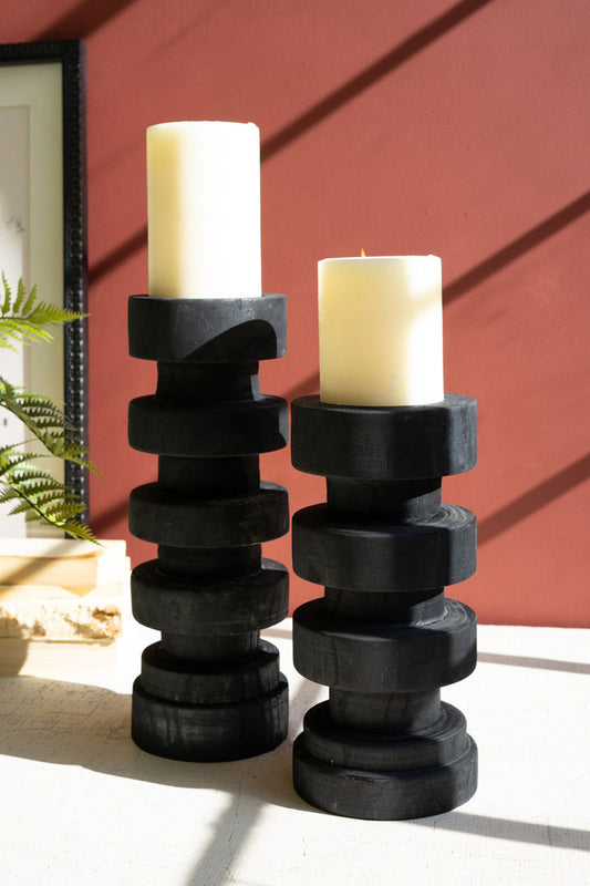 Set of 2 Black Turned Wood Candle Towers